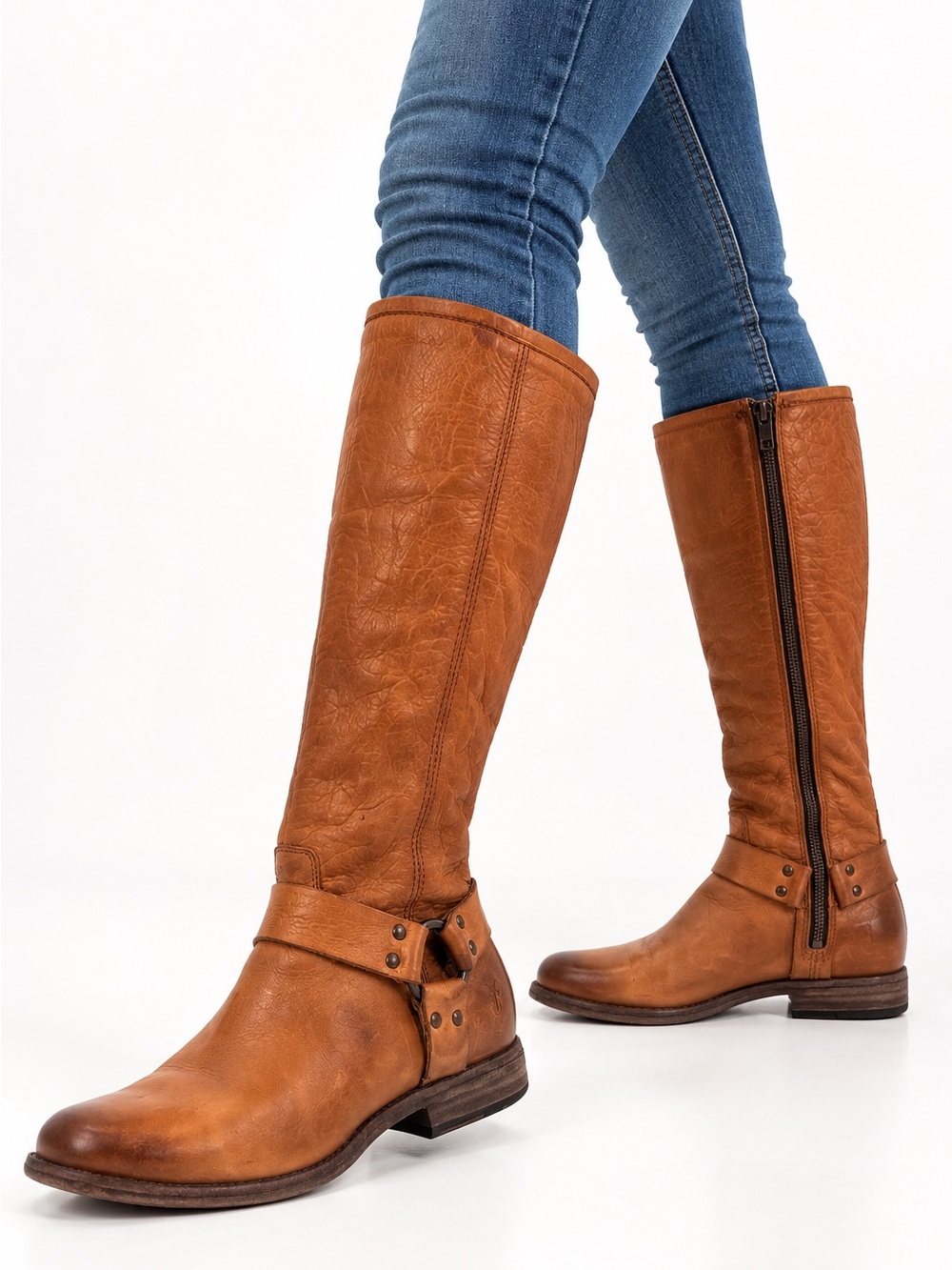 FRYE Phillip Harness Tall Leather Riding Boots Cognac Brown Size 10